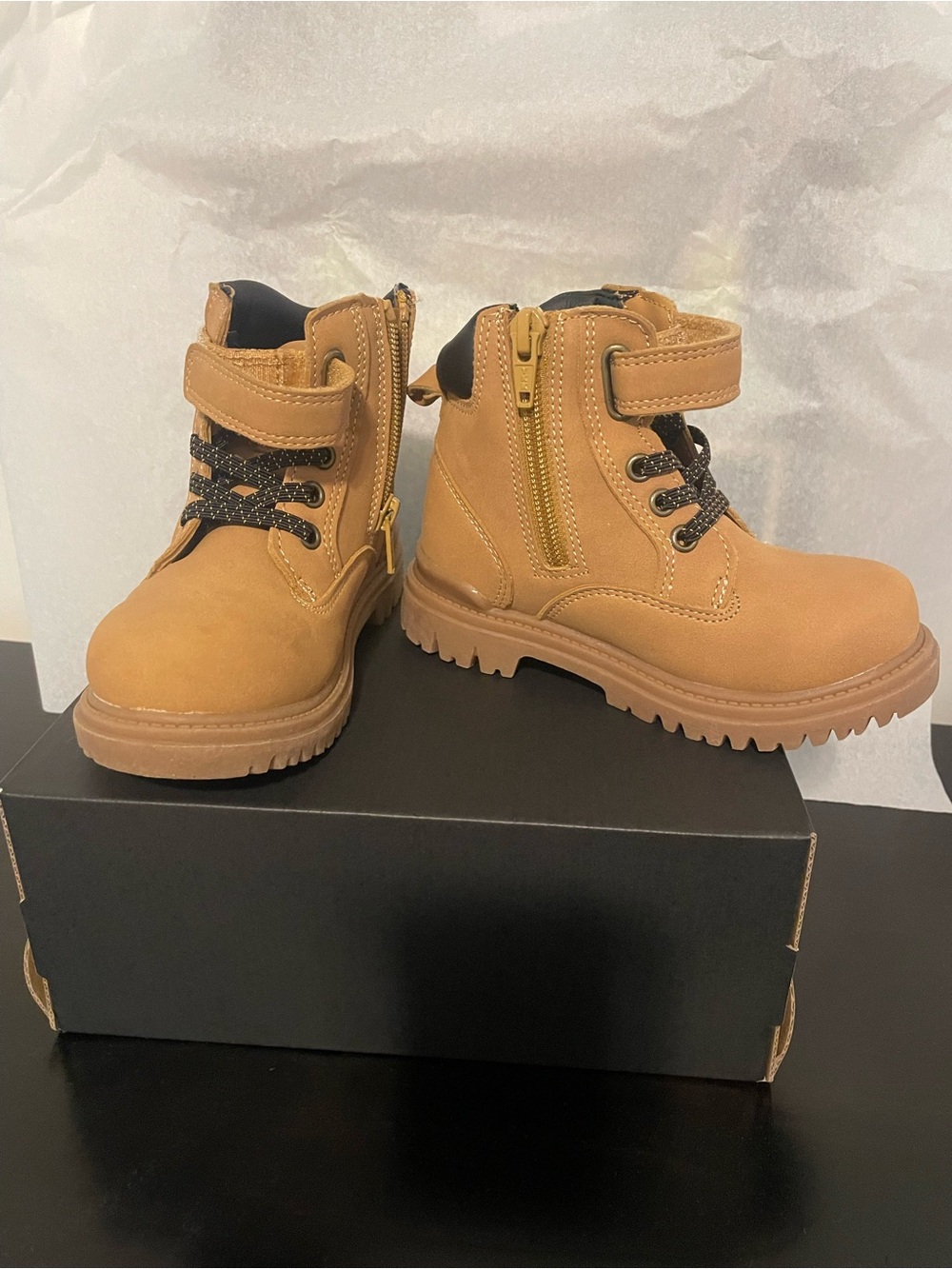 Kids Tan Lace-Up Ankle Boots with Side Zip
